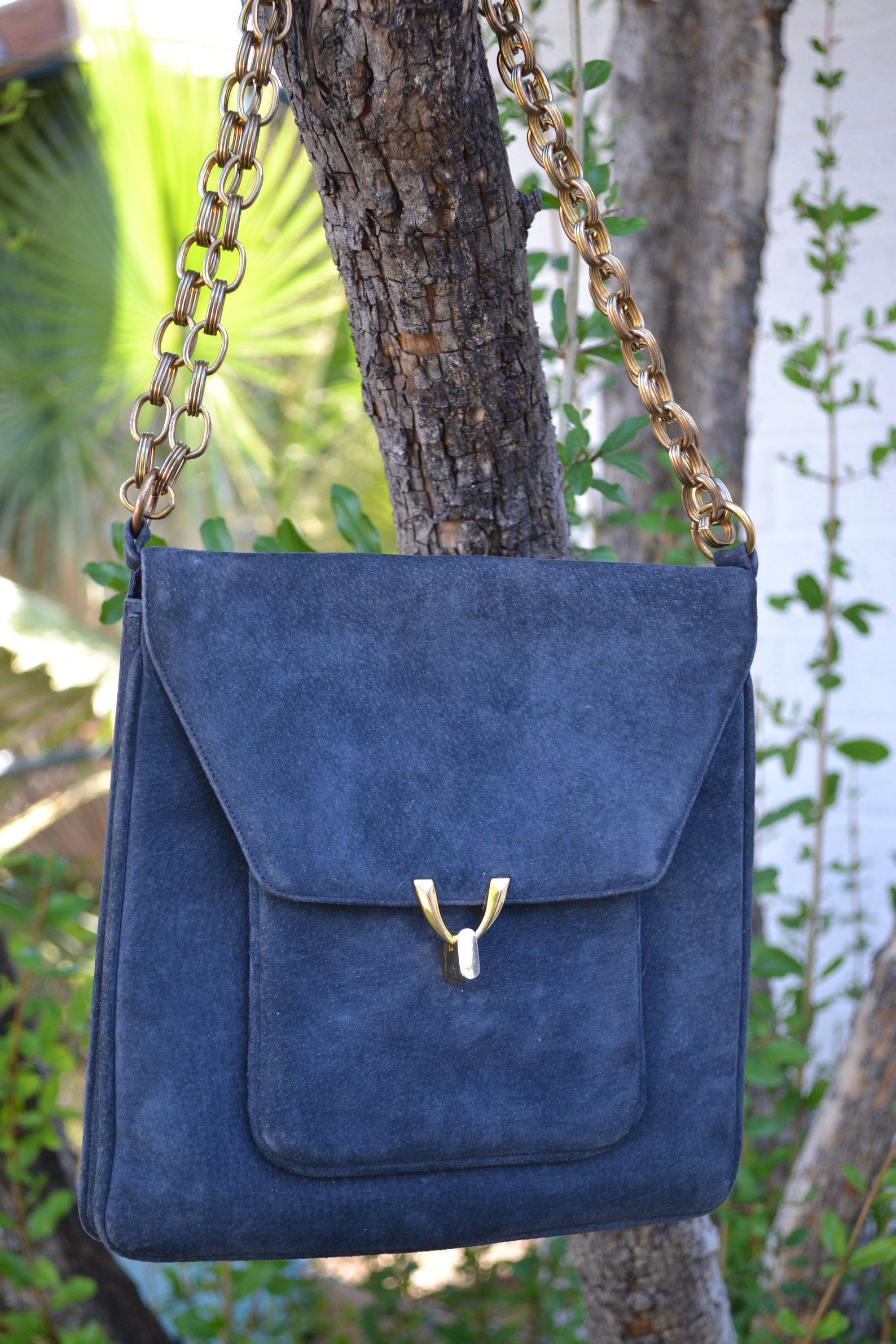 1960s Prestige Shoulder Bag Navy Blue Suede Handbag With Chain - Etsy