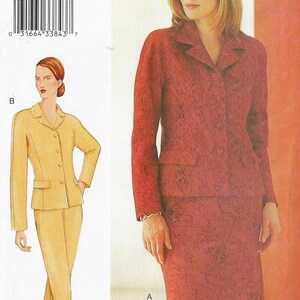 May include: A sewing pattern for a two-piece suit. The pattern includes a jacket and a skirt. The jacket has a collar and a button closure. The skirt is a pencil skirt. The pattern is for sizes 14-16-18. The pattern number is 7480/140.