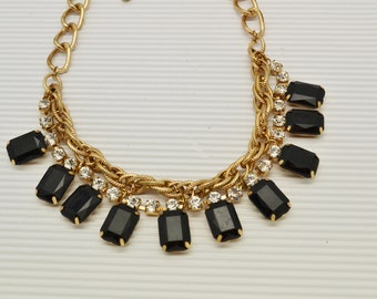 Black & Clear Rhinestone Necklace on Gold Tone Chain Perfect for Prom or Party