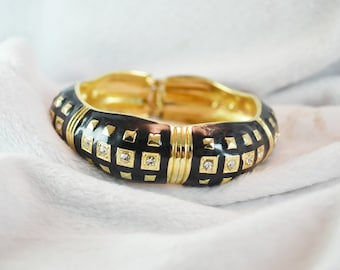 Vintage klemarmband zwart email en strass goudkleurig metaal