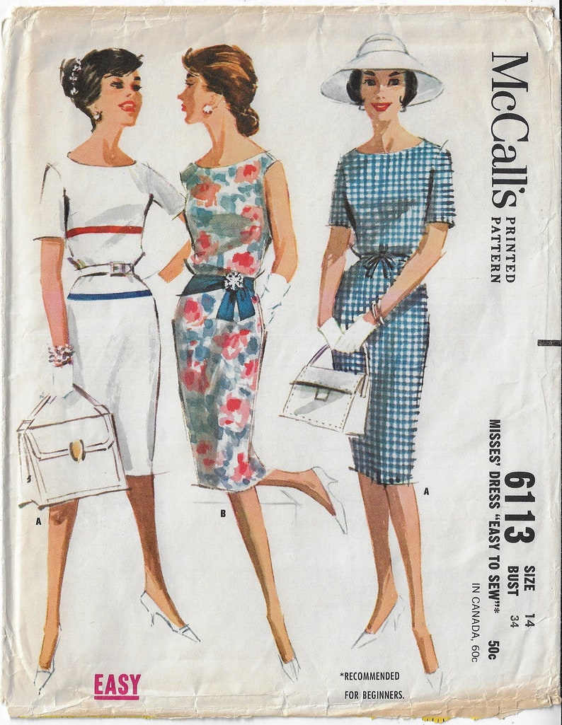 1960s Womens Sheath Dress with Belt Bateau Neckline McCalls Sewing Pattern 6113 Size 14 Bust 34 image 2