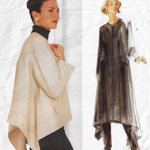 May include: A sewing pattern illustration featuring two garment styles labeled A and B. Style A is a cream-colored, textured, asymmetrical jacket. Style B is a long, dark, sheer coat with a front zipper, long sleeves, and a pointed hemline.