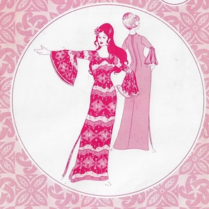 May include: A vintage sewing pattern featuring two women wearing long dresses. The dress on the left has a pink and white geometric pattern and bell sleeves. The dress on the right is solid pink with bell sleeves.