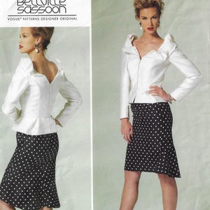 May include: A white jacket with a zipper closure and a black and white polka dot skirt. The jacket has a ruffled collar and the skirt has a flared hem. The text "Bellville Sassoon Vogue Patterns Designer Original" is printed on the image.