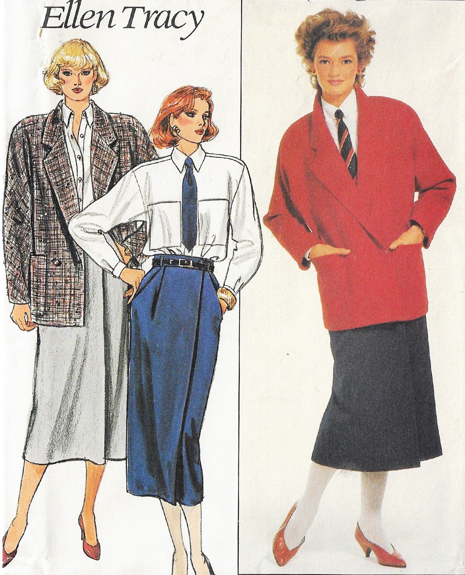 80s Ellen Tracy Womens Dolman Sleeve Jacket, Mock Wrap Skirt & Shirt  Butterick Sewing Pattern 6871 Size 12 14 16 Bust 34 36 38 FF 