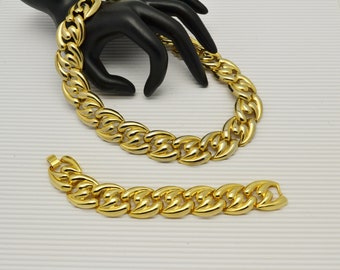 Matching Necklace and Bracelet Wide Gold Tone Swirled Metal Jewelry Set Wonderful Gift for Her