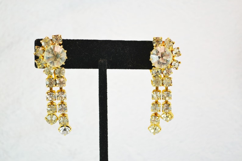 Prom or Special Occasion Bold Sparkling Rhinestone Clip On Earrings with Dangles Gold Tone Metal Great for Wedding