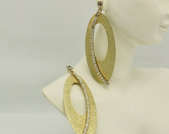Vintage Pierced Earrings Oval Gold Tone Metal and Rhinestones