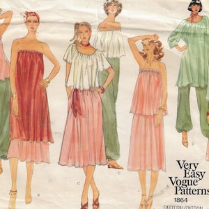May include: A vintage sewing pattern featuring six different styles of women's clothing. The pattern includes a variety of tops, skirts, and pants. The pattern is titled "Very Easy Vogue Patterns" and the number 1864 is printed on the pattern.