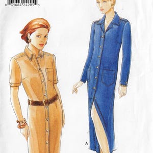 Puede incluir: Ilustración de dos vestidos abotonados. Uno es un vestido color beige de manga corta con cinturón marrón. El otro es un vestido largo de mezclilla azul con abertura frontal y bolsillos. Los vestidos están etiquetados A y B.