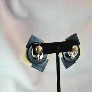 80s Plastic Clip on Earrings Checkerboard Squares of Cream and Black image 4