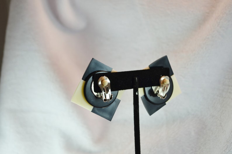 80s Plastic Clip on Earrings Checkerboard Squares of Cream and Black image 4