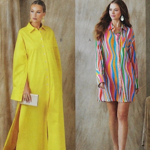 Peut inclure: Deux femmes portant des chemises-robes. L'une porte une longue chemise-robe jaune vif avec des manches longues et une fente à l'avant. L'autre porte une chemise-robe courte à rayures verticales roses, oranges, bleues et vertes.