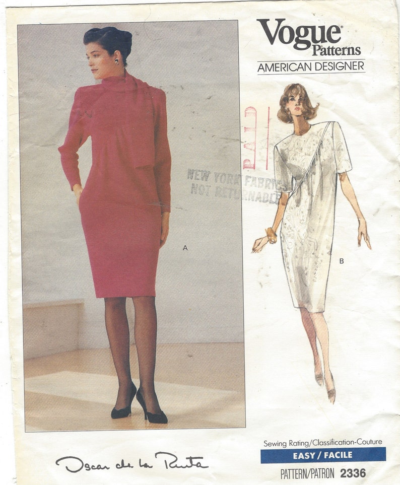 May include: A sewing pattern for a dress with a high neckline and a fitted silhouette. The pattern is from Vogue Patterns, American Designer, and is labeled "EASY/FACILE". The pattern number is 2336.
