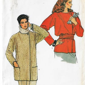May include: A sewing pattern for two different jackets. The first jacket is a long, brown, casual jacket with a collar and pockets. The second jacket is a shorter, red, more formal jacket with a belt. The pattern is labeled "A" and "B".