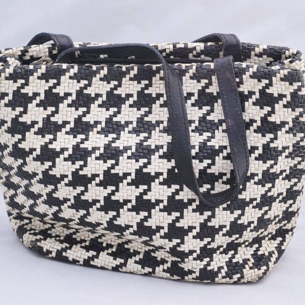 80s Black and White Woven Herringbone Leather Falor Le Borse Handbag Made in Italy Genuine Leather Gorgeous Purse Birthday Gift for Her