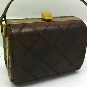 50s Brown Snakeskin Patchwork Box Purse with Gold Tone Trim Over the Wrist Handbags