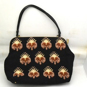Vintage Walborg Original Needlepoint bolso tapiz bolso en negro, óxido, beige y crema