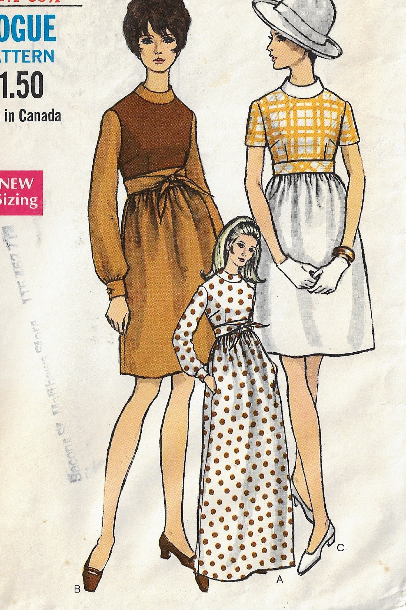 1960s Empire Waist Baby Doll Dress 2 Lengths Vogue Sewing Pattern 7421 Size  8 - Etsy