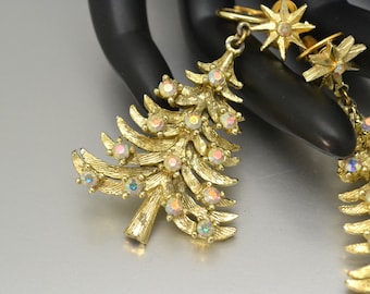 Vintage MYLU Christmas Tree Clip On Earrings AB Crystals on Gold Tone Metal