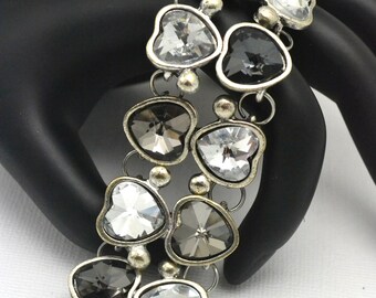 Crystal Heart Link Bracelet Clear and Smoky Crystals in Silver Tone Metal