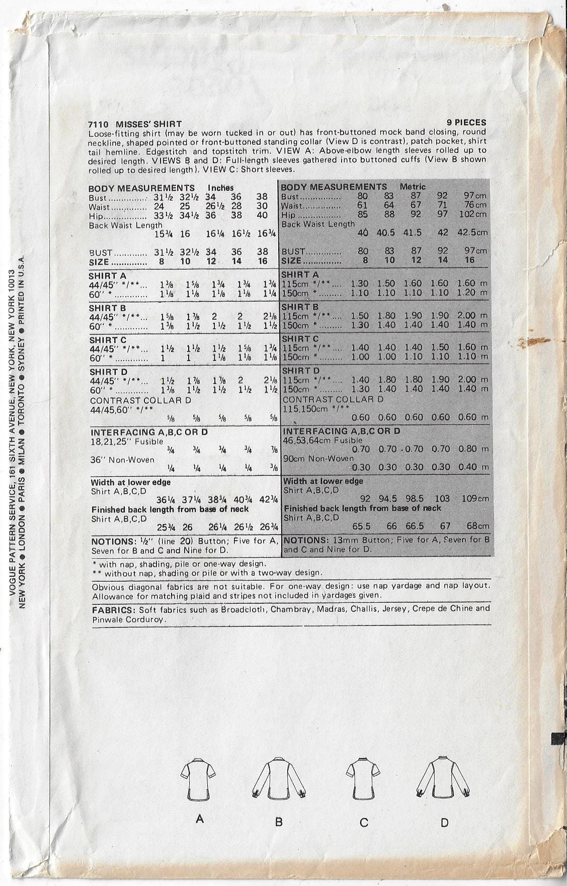1970s Button Front Shirt With Variations Vogue Sewing Pattern 7110 Size ...