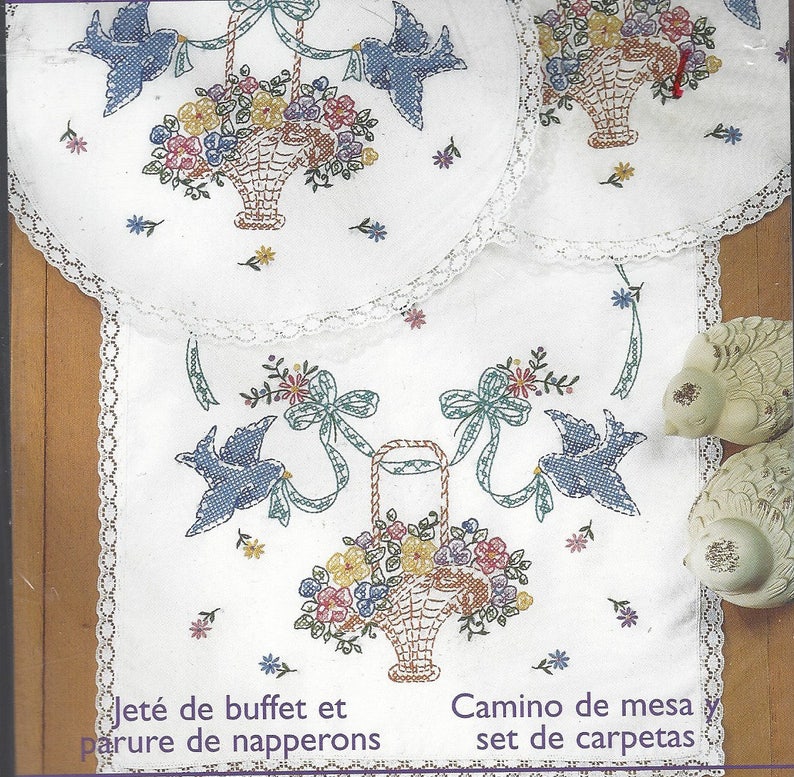 Flower Basket Stamped Cross Stitch Dresser Scarf Doily Set Image 0