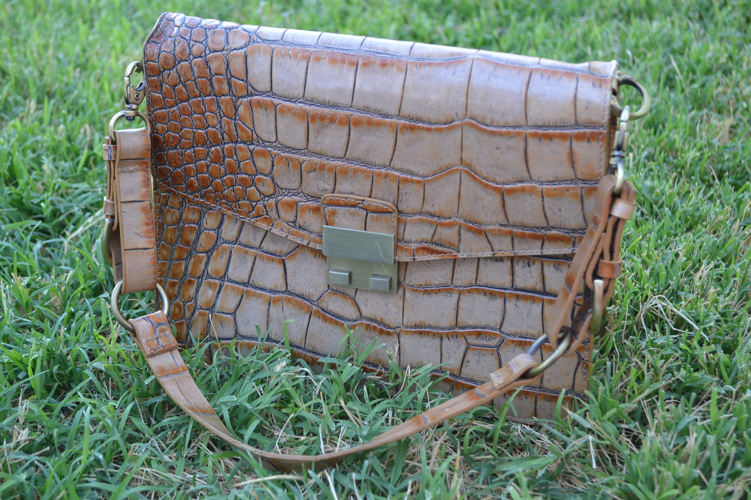 Preston and York Mock Croc Cowhide Leather Handbag Beige, Brown