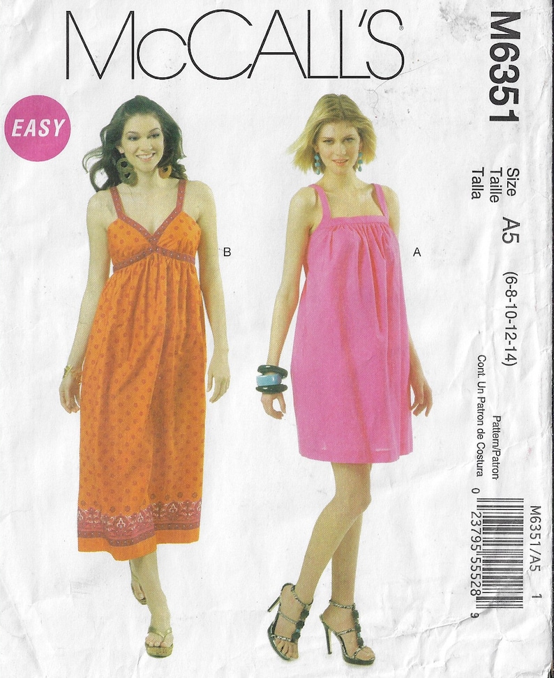 OOP McCalls Sewing Pattern M6351 Womens Summer Sundress in 2 Lengths and Styles Mini or Midi Size 6 8 10 12 14 Bust 30 12 to 36 FF