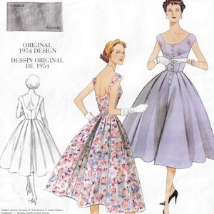 May include: A vintage Vogue sewing pattern for a dress with a full skirt. The pattern is from 1954 and features two illustrations of women wearing the dress. One dress is a light purple color and the other is a floral print.