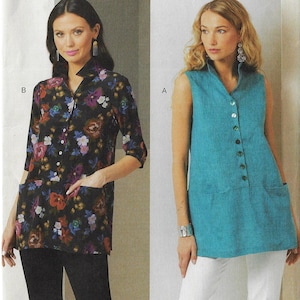 May include: Two women model different tunics. One tunic is black with a floral pattern, three-quarter sleeves, and pockets. The other is a sleeveless turquoise tunic with a button-down front and pockets. Both tunics have a relaxed fit.