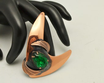 Mid-Century Atomic Boomerang Copper Brooch with Big Green Rhinestone Unsigned Unique Gift for Her