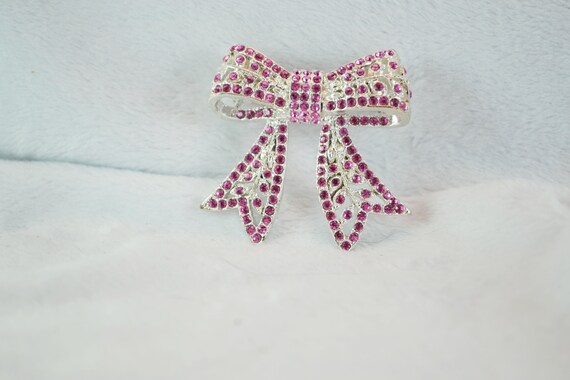 Sparkling Bow Brooch Silver Tone Metal with Pink … - image 4