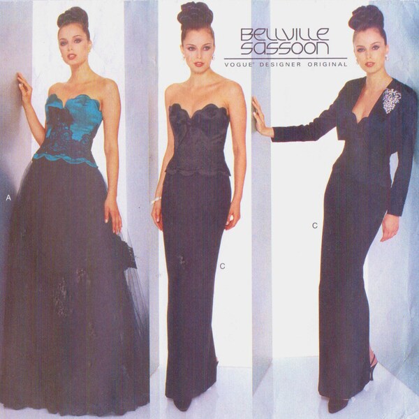 90s Bellville Sassoon Mujer Chaqueta Bolero, Bustier & Falda Vogue Patrón de Costura 1883 Tamaño 12 14 16 Busto 34 36 38 FF Diseñador Original