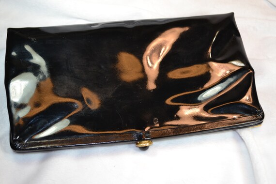 Vintage 50s Black Patent Leather Clutch Purse Fau… - image 7