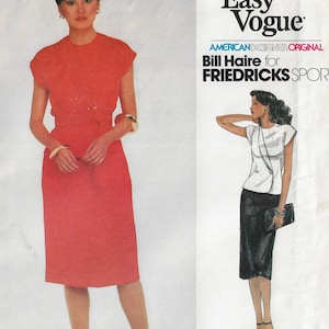 May include: A vintage fashion magazine cover featuring a woman in a red dress and a sketch of a woman in a white top and black skirt. The text reads "Very Easy Vogue" and "Bill Haire for Friedricks Sport."
