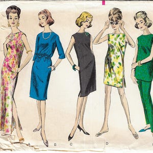 May include: A vintage sewing pattern illustration featuring five sleeveless garments labelled A through E. The designs include a floor-length floral dress, a blue knee-length dress with a waist tie, a black sheath dress, a yellow and green leaf-print mini dress, and a green tunic with matching trousers.