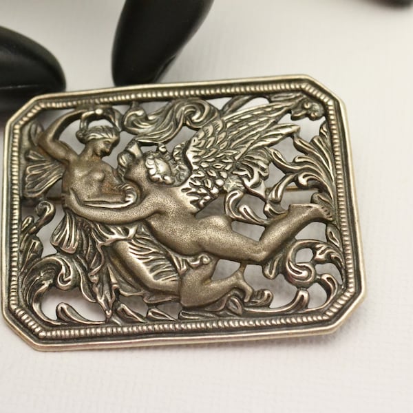 Antique 925 Silver Art Nouveau Brooch Jacob Wrestling with the Angel Circa 1900 to 1910