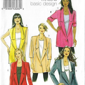 May include: A sewing pattern featuring illustrations of blazers in various colors and styles. The blazers include a sleeveless yellow blazer, a pink blazer with rolled-up sleeves, a red blazer, a tan blazer, and a blue blazer with white polka dots. The text "basic design" is at the top.
