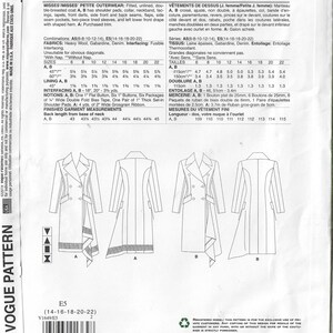 May include: A sewing pattern for a fitted, unlined, double-breasted coat with shoulder pads, collar, neckband, facings, lapels, front darts, side front and back seams, flaps, side seam pockets, two-piece lined sleeves, and left lower front drape with shaped hem. The pattern is for sizes 6-22. The pattern is called V1649 and is from Vogue Patterns.