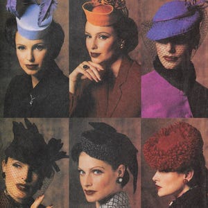 Puede incluir: Un collage de seis mujeres con sombreros vintage. Los sombreros son de varios estilos y colores, incluyendo azul, naranja, morado y rojo. Algunos sombreros tienen plumas, redecillas y elementos decorativos. Las mujeres visten atuendos clásicos.