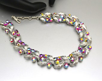 Vintage Lisner Choker Ruby Rhinestones AB Coating Set in Silver Tone Metal