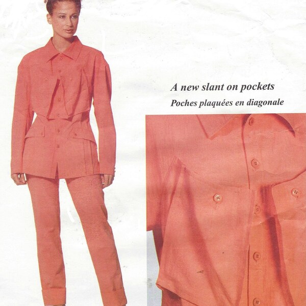 90s Issey Miyake Womens Giacca e Pantaloni Vogue Designer Originale Sewing Pattern 2271 Taglia 10 Busto 32 1/2 FF Una nuova inclinazione sulle tasche