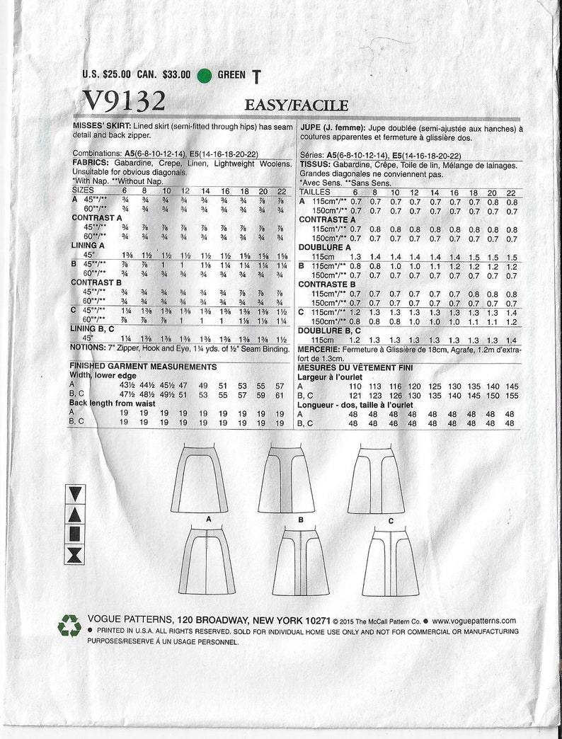 Womens Curved Seam-Detail Skirts with Variations OOP Vogue Sewing Pattern V9132 Size 6 8 10 12 14 Hip 32 12 to 38 FF Sewing Patterns