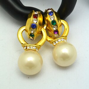 Vintage Sparkling Door Knocker Clip Earrings with Large Faux Pearl Statement Earrings