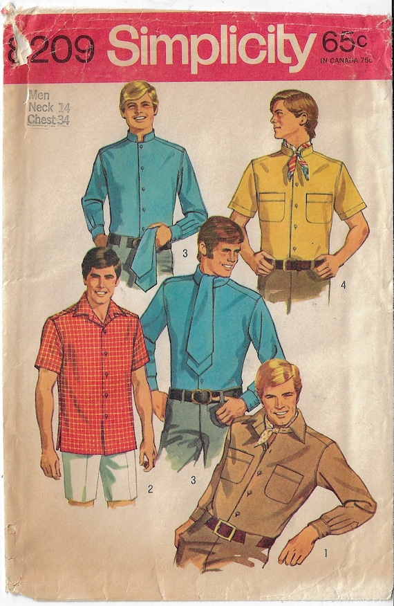 60s Mod Men's Shirts Nehru Collar, Scarf & Ascot Simplicity Sewing