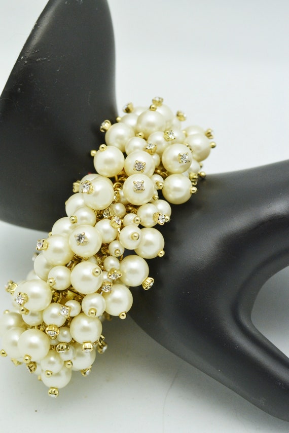 Vintage Faux Pearl & Rhinestone Stretch Cuff Brac… - image 5