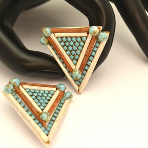 Roxanne Assoulin Triangular Clip Earrings Lightweight Acrylic with Faux Turquoise & Leather Great Gift for Her