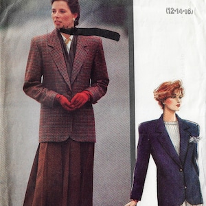 May include: A vintage fashion illustration featuring a woman in a red and brown plaid blazer, brown skirt, and red gloves. The image also shows a navy blue blazer and the text "PATTERN/PATRON SIZE/TAILLE (12-14-16)".