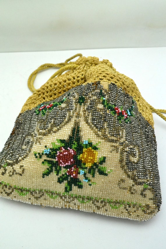 Vintage Micro Beaded Purse with Crocheted Drawstr… - image 10
